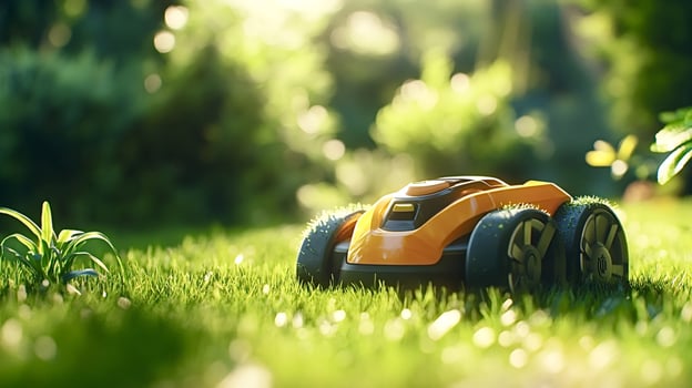 Robotic lawn mower cutting grass in a garden at sunset photo