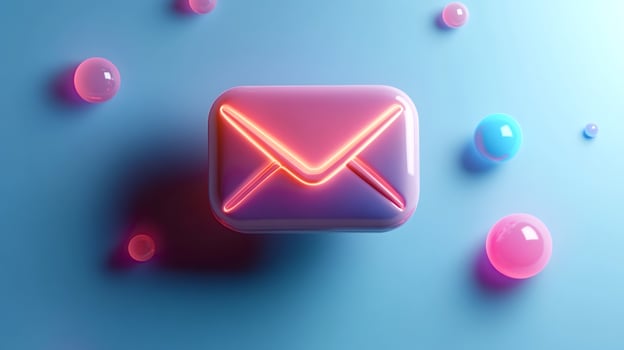 Neon pink email icon hovering on a blue background with colorful spheres photo