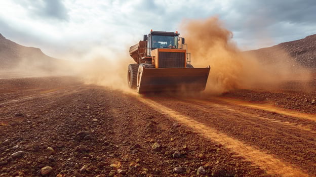 A large bulldozer moves across a barren mining landscape, kicking up dust as it performs excavation work in search of valuable minerals, under a cloudy sky. photo