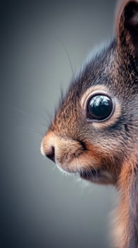 This close-up showcases the intricate details of a squirrel's face, revealing its keen eyes and finely textured fur against a muted background photo
