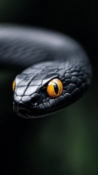 A black mamba snake is coiled, displaying its glossy black scales and bright yellow eyes photo