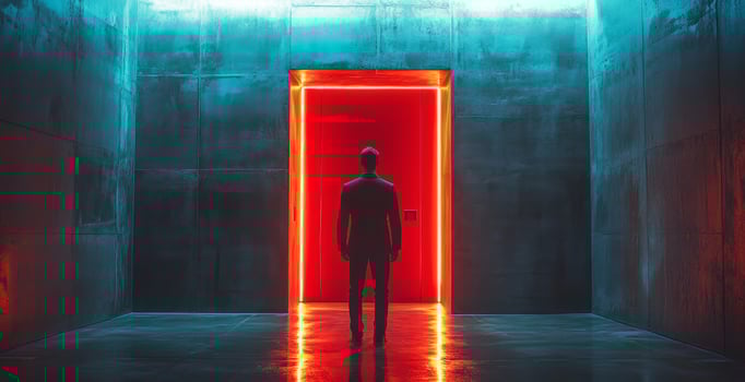 A person dressed in a suit stands before a glowing neon red door in a contemporary environment. photo