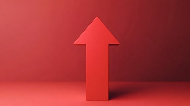 Red arrow pointing up symbolizing growth on red background photo