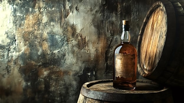 Old bottle of alcohol resting on wooden barrel in cellar photo