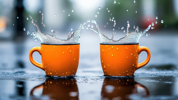 Two bright orange cups splashing water in street setting, copy space photo