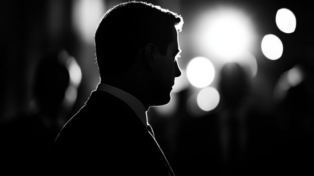Politician silhouette reflecting on political issues in black and white photo