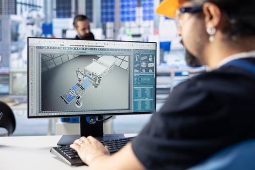 Industrial automation engineer in solar panel plant adjusting robotic machinery settings through PC software interface. Close up of photovoltaics factory worker diagnosing equipment performance issues photo