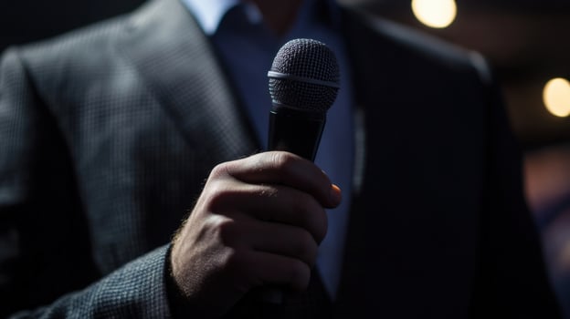 Politician giving speech holding microphone close up photo