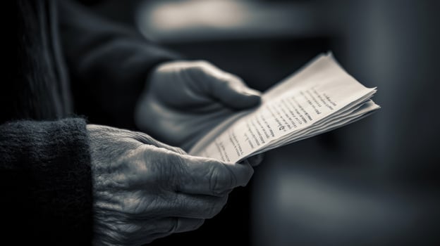 An intimate closeup of a hand gripping a single campaign flyer capturing the cles and creases that suggest it has been read multiple times. The text is sharp and clear while the backgroun photo