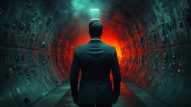 A person stands in a sleek, high-tech environment filled with glowing screens and complex machinery, checking a mobile banking transaction and reviewing important statements for verification. photo