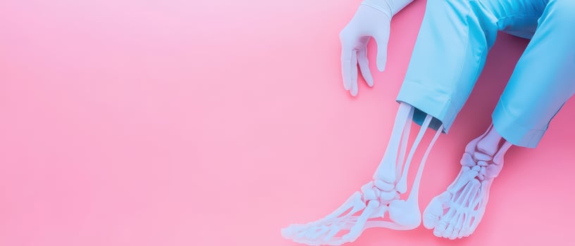 Plastic skeleton on pink background photo