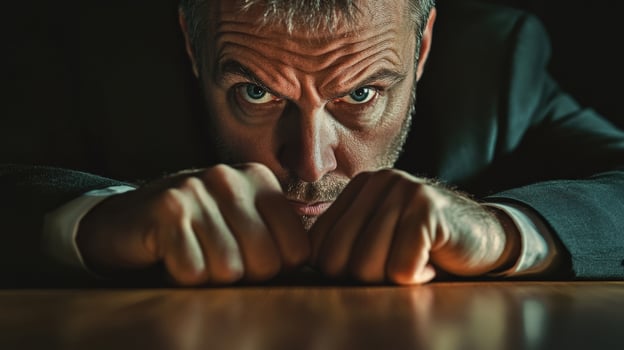 A closeup of one politician leaning forward hands gripping the podium as they deliver a powerful statement. The lighting highlights their furrowed brow and intense gaze emphasizin photo