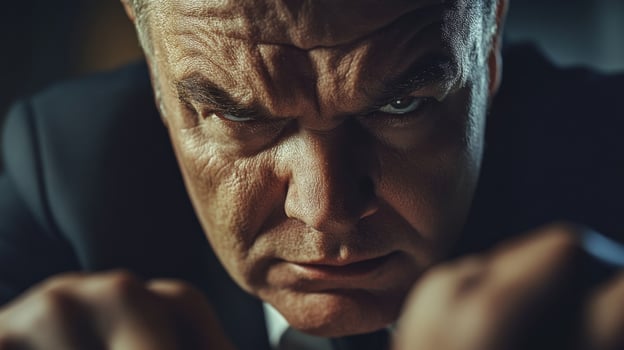Angry politician clenching fists and staring aggressively photo