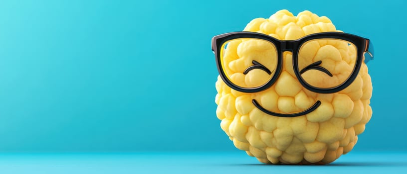 Yellow character with glasses on blue photo