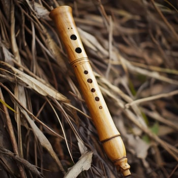 Crafted wooden flute resting on dried leaves photo