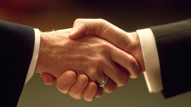 A closeup of two hands clasping firmly in a handshake one adorned with a simple silver ring while the other has a wrisch peeking out from beneath a crisp cuff. The leaders confiden photo