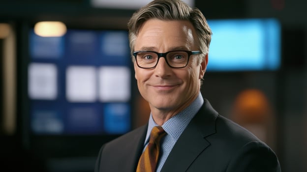 Confident male news anchor smiling in television studio photo