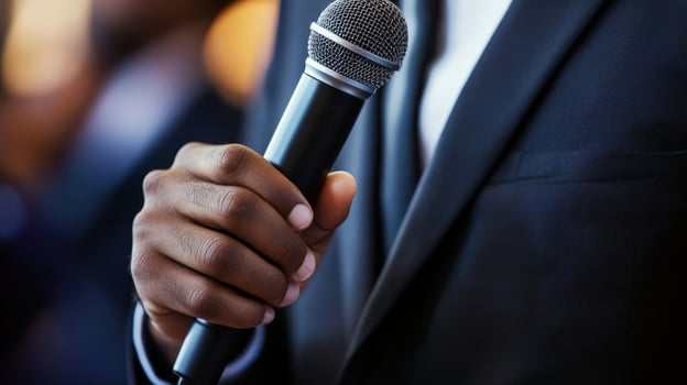 Politician giving speech holding microphone in hand photo