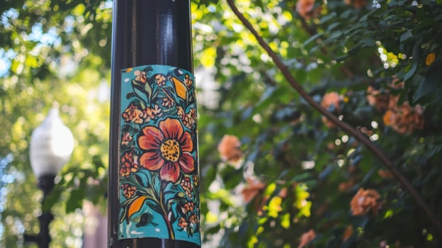 Floral sticker promoting political campaign on city lamp post photo