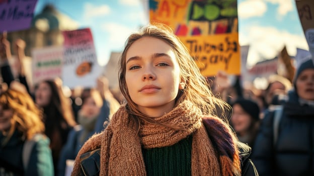 A young woman stands at the forefront her face serene yet passionate as she raises a sign exclaiming unity a different communities. In the background a sea of supporters holds up simila photo