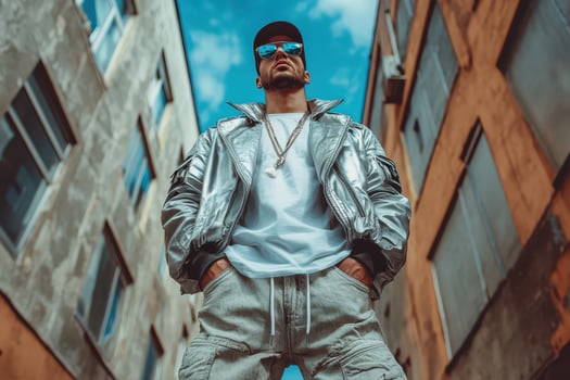 Urban stylish man posing confidently in alleyway photo