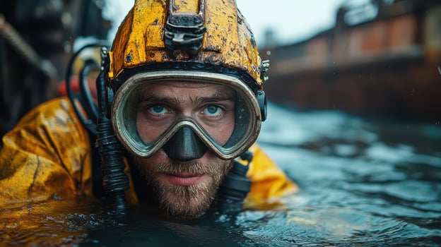 A man in a diving suit and goggles is in the water photo