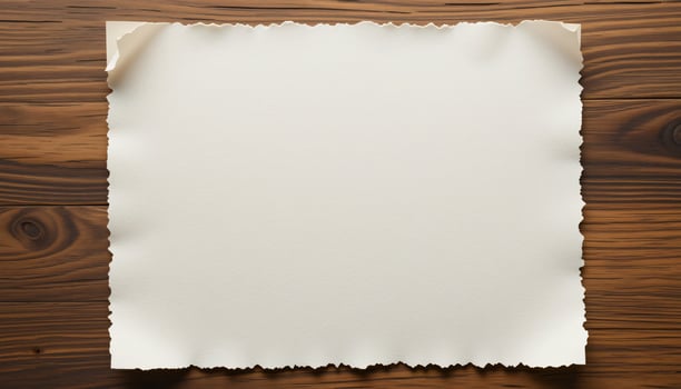 Empty white paper, slightly torn paper, on wooden desk background photo