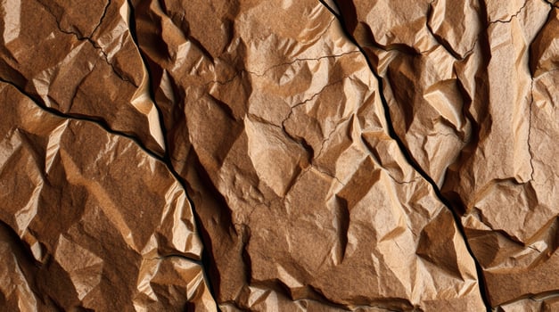 Closeup of crumpled brown rock texture with cracks and shadows. photo