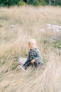 Little smiling girl sits on a large flat stone in tall dry grass photo