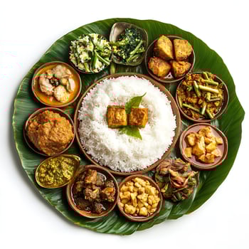 Delicious Traditional Asian Cuisine Served on Banana Leaf Platter with Rice and Various Dishes photo