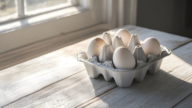 fresh farm eggs in carton on wooden table photo