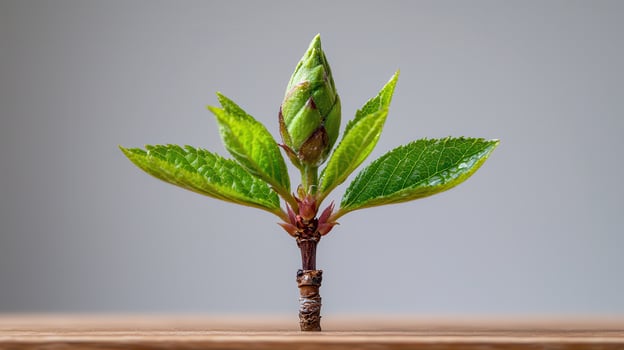 Vibrant Green Plant Sprout with Bud on Wooden Surface New Life Growth Concept photo
