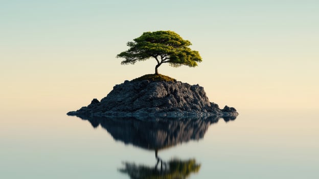 Serene Lone Tree on a Rocky Island in Calm Water at Sunset A Peaceful Nature Scene photo