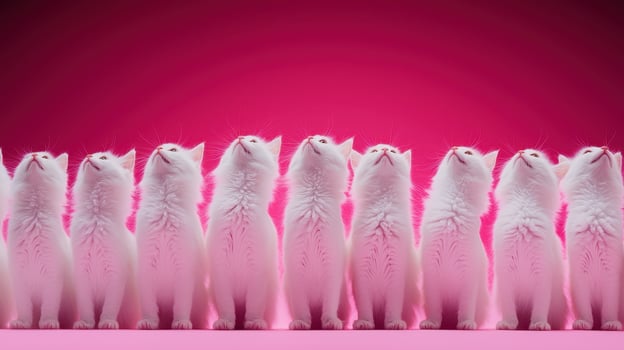Adorable White Kittens Sitting in a Row Looking Up Against a Pink Background photo