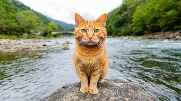 Orange Tabby Cat Sitting on Rock by River in Mountain Scenery A Majestic View photo