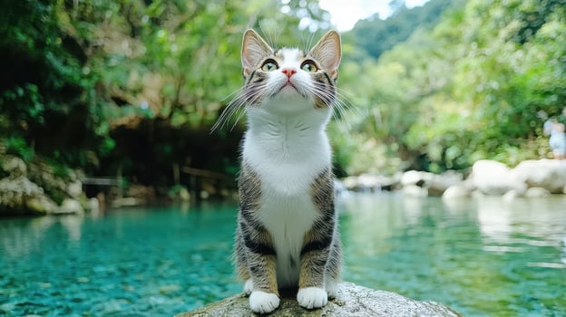 Adorable Tabby Cat Sitting by a Serene Turquoise Pool in Lush Greenery photo