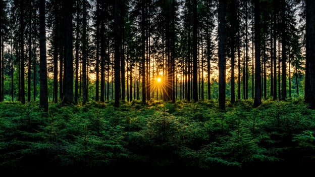 Majestic Sunset Rays Filtering Through a Dense Pine Forest Serene Nature Scene photo