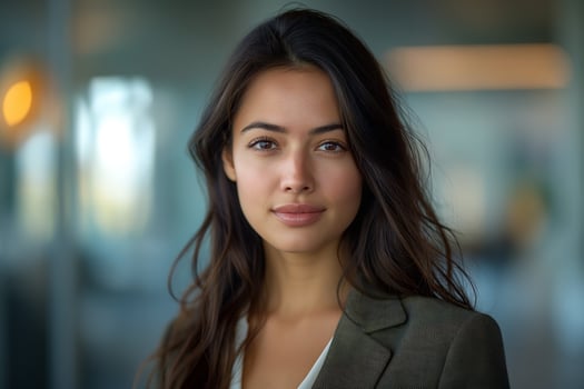A young woman with long, wavy hair and a confident expression, dressed in a stylish blazer, standing in a modern office environment. photo