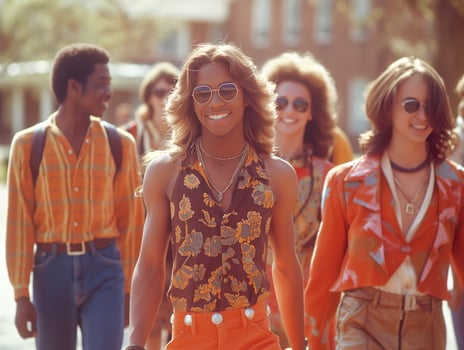 Group of stylish young adults walking confidently in vibrant 1970s-inspired outfits, embodying a joyful retro vibe. photo