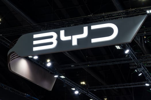Nonthaburi Thailand 3 April 2025 Hanging light box billboard with logo BYD at Bangkok International Motor Show 2025 photo