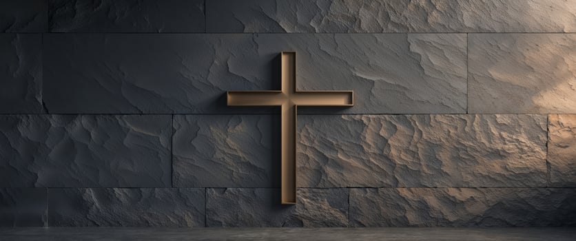 Dark stone wall with a bronze cross design. photo