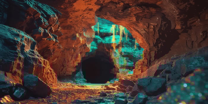 Mysterious Stone Cave Entrance in Pixel Art Style Game Background with Dark and Textured Rock. photo