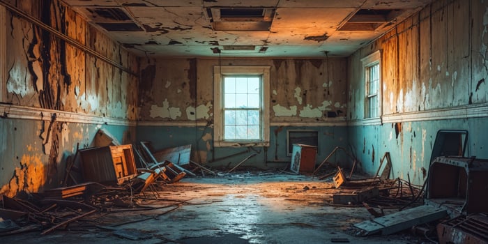 Grungy Empty Room with Weathered Walls and Concrete Floor photo
