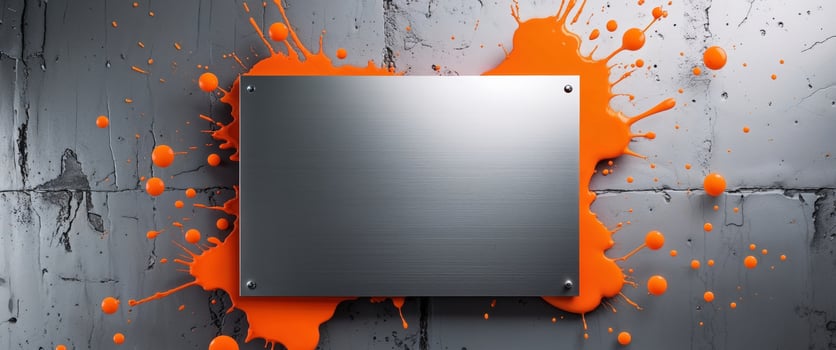 Abstract Silver Metal Panel with Orange Splashes Industrial Design Texture Background. photo