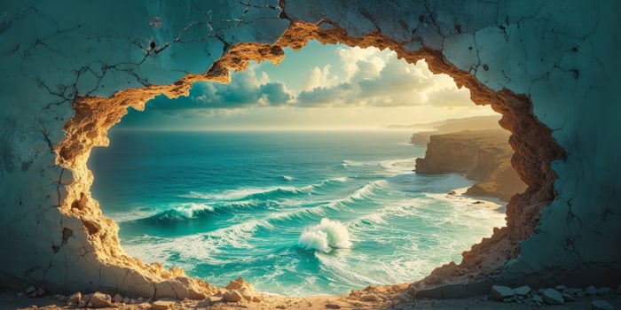 Irregular Hole in Wall Reveals Ocean Seascape. photo