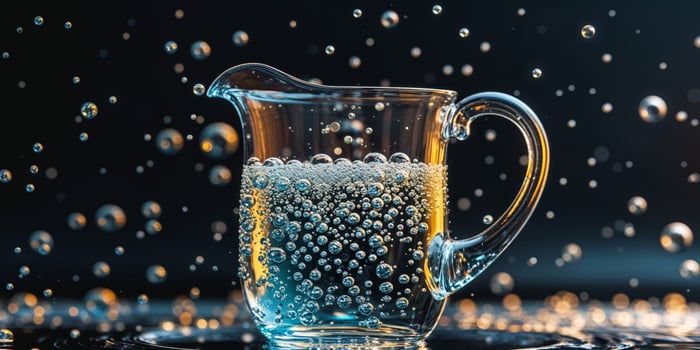 Water pitcher with bubbles close up refreshing drink hydration clear glass black background beverage. photo