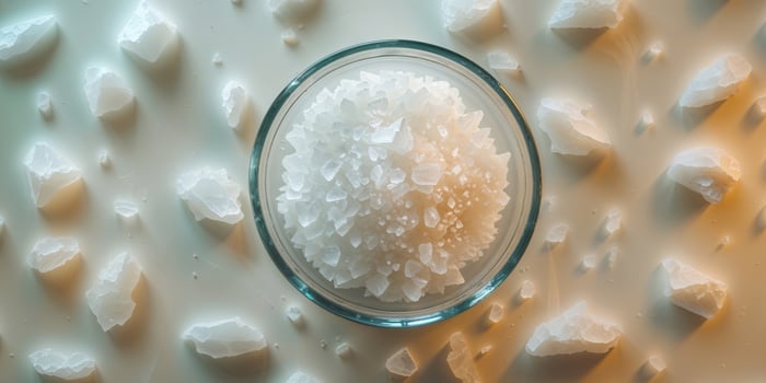 Overhead View of White Salt Crystals in a Bowl. photo