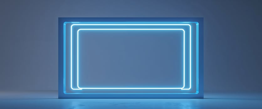 A neon blue square frame with a light on it photo