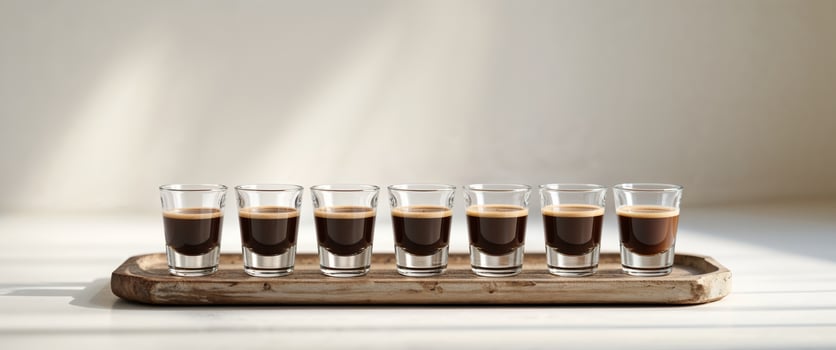 A wooden tray with six shots of coffee photo
