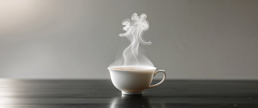 Steaming Cup of Tea on Dark Tabletop with Rising Vapor. photo